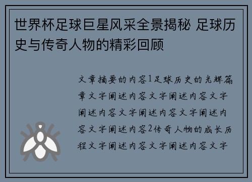 世界杯足球巨星风采全景揭秘 足球历史与传奇人物的精彩回顾